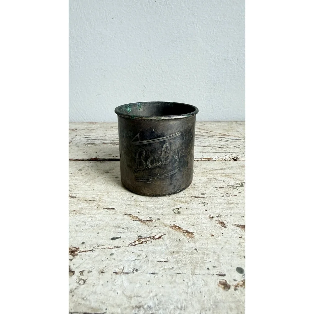 Antique Silver Plate Baby Cup Engraved L.B. Primitive Patina Decorative Vessel
